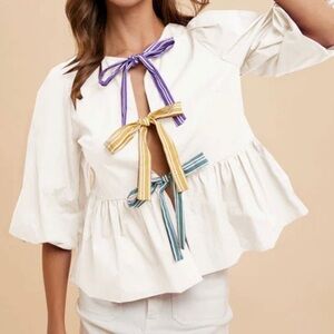 NWT Anniewear White Mardi Gras Front Tie Peplum Top XL Puff Sleeve Bows Preppy